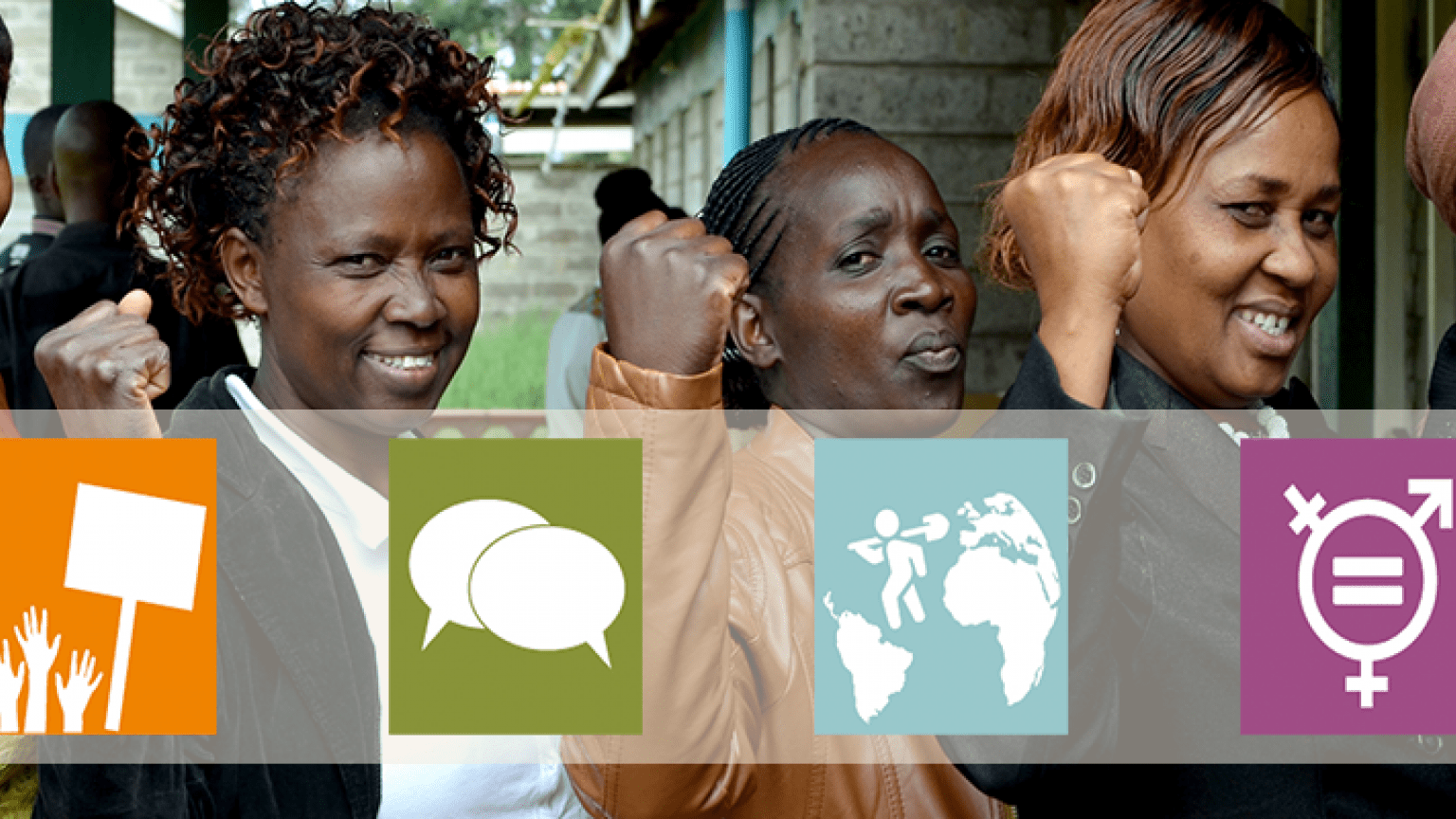 Powerful women from Kenya in the background. Four icons in the front